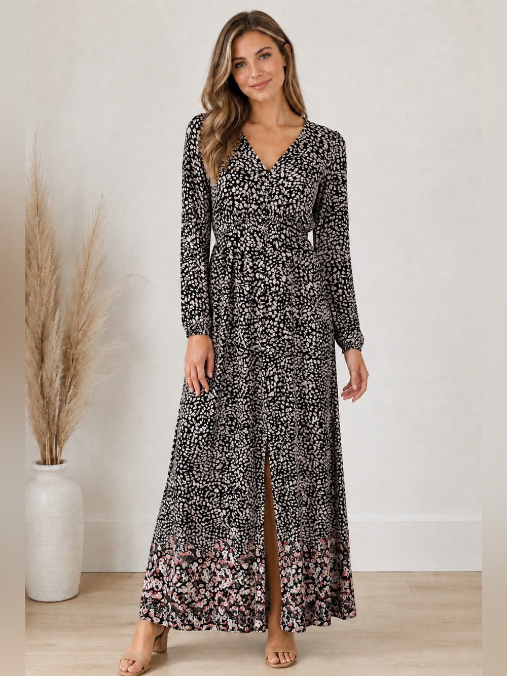 Billabong Women’s XS Floral Border Print Button Front Maxi Dress Long Sleeve